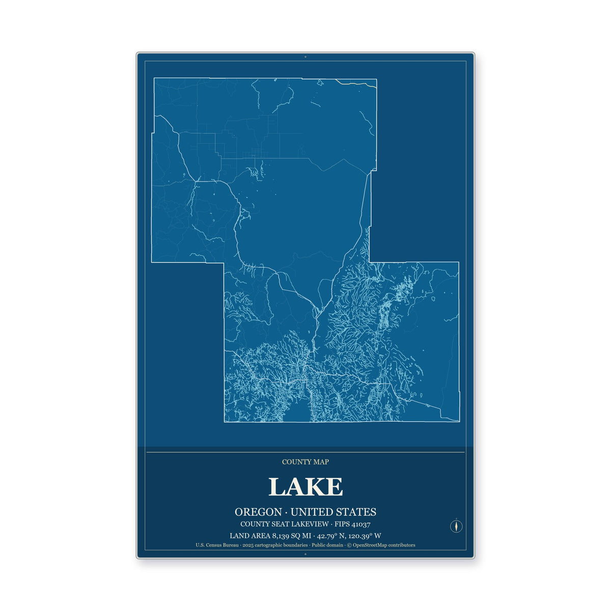 Lake County, Oregon Map Aluminum Sign in Harbor Cobalt style
