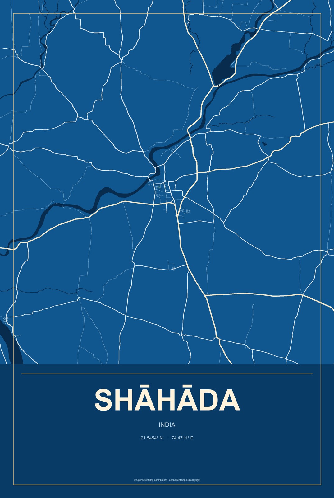 Shāhāda, India City Map Aluminum Sign in Harbor Cobalt style