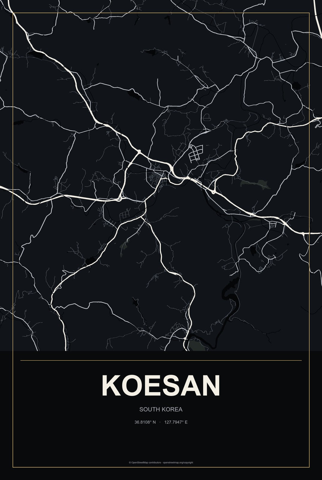 Koesan, South Korea City Map Aluminum Sign in Metropolitan Noir style