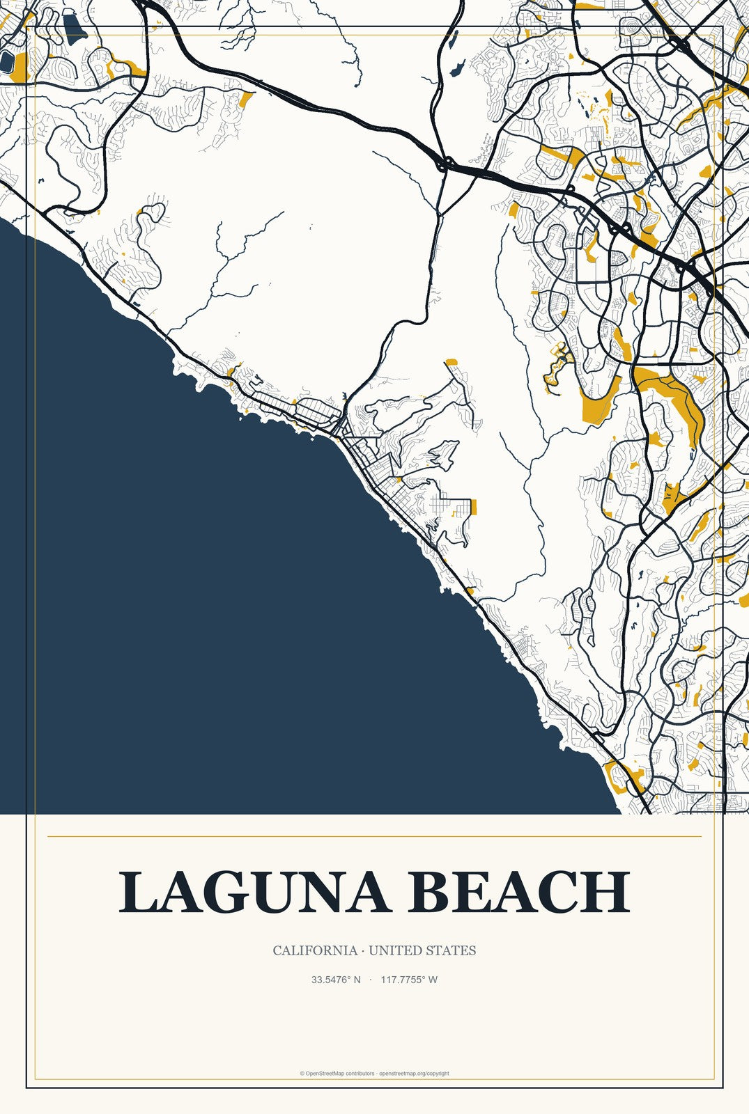Laguna Beach, California City Map Aluminum Sign in Citrine Modern style