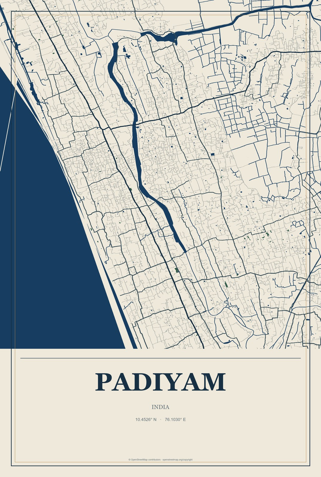 Padiyam, India City Map Aluminum Sign in Coastal Cutout style