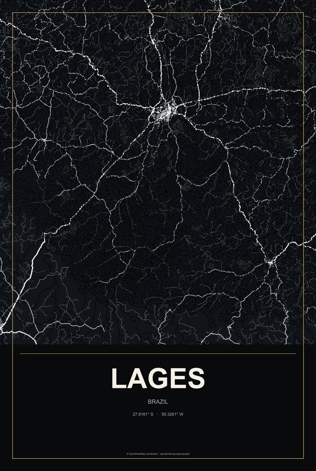 Lages, Brazil City Map Aluminum Sign in Metropolitan Noir style