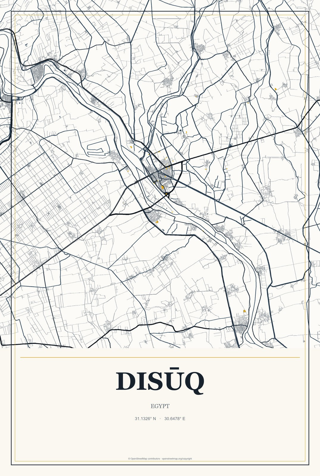 Disūq, Egypt City Map Aluminum Sign in Citrine Modern style