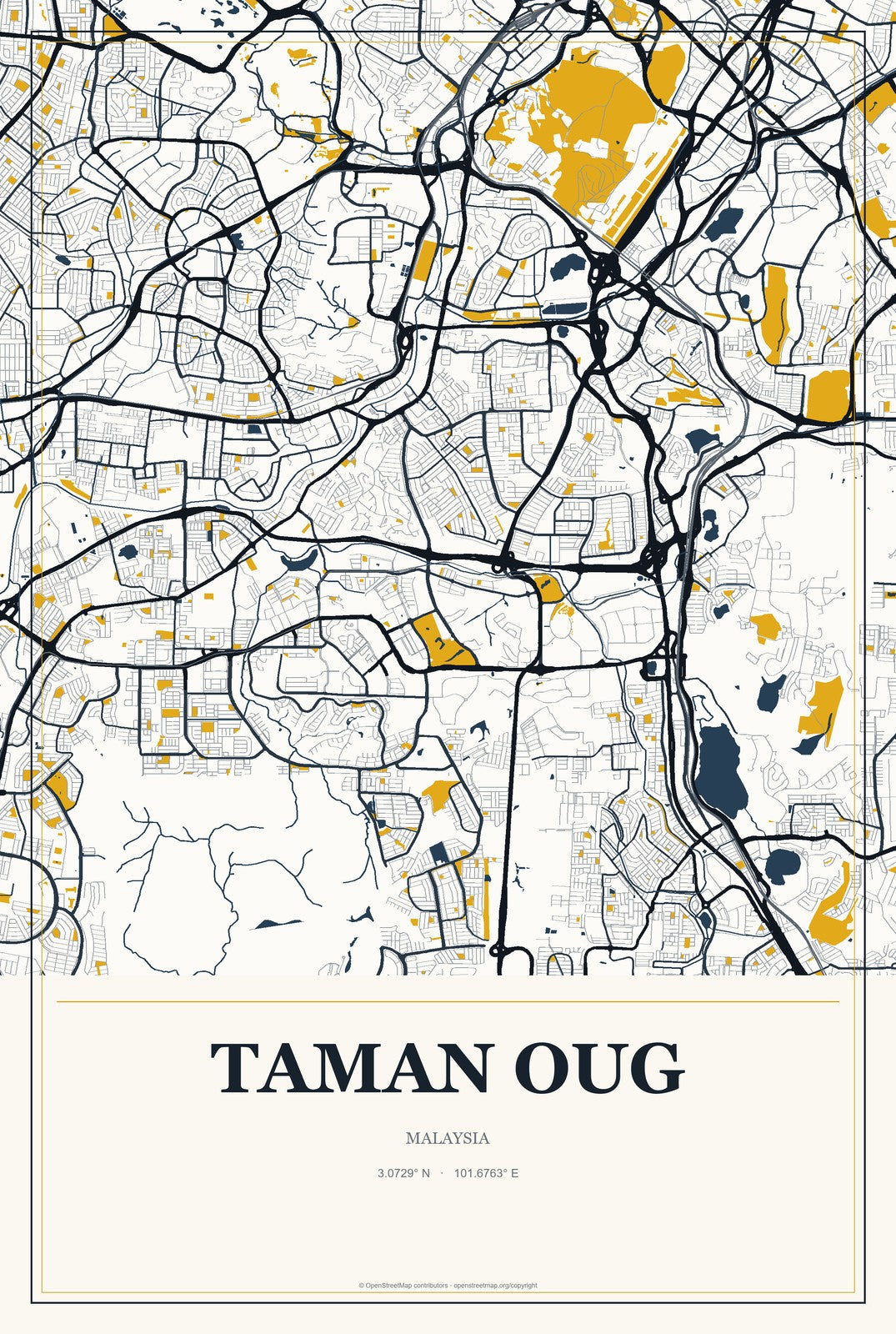 Taman OUG, Malaysia City Map Aluminum Sign in Citrine Modern style