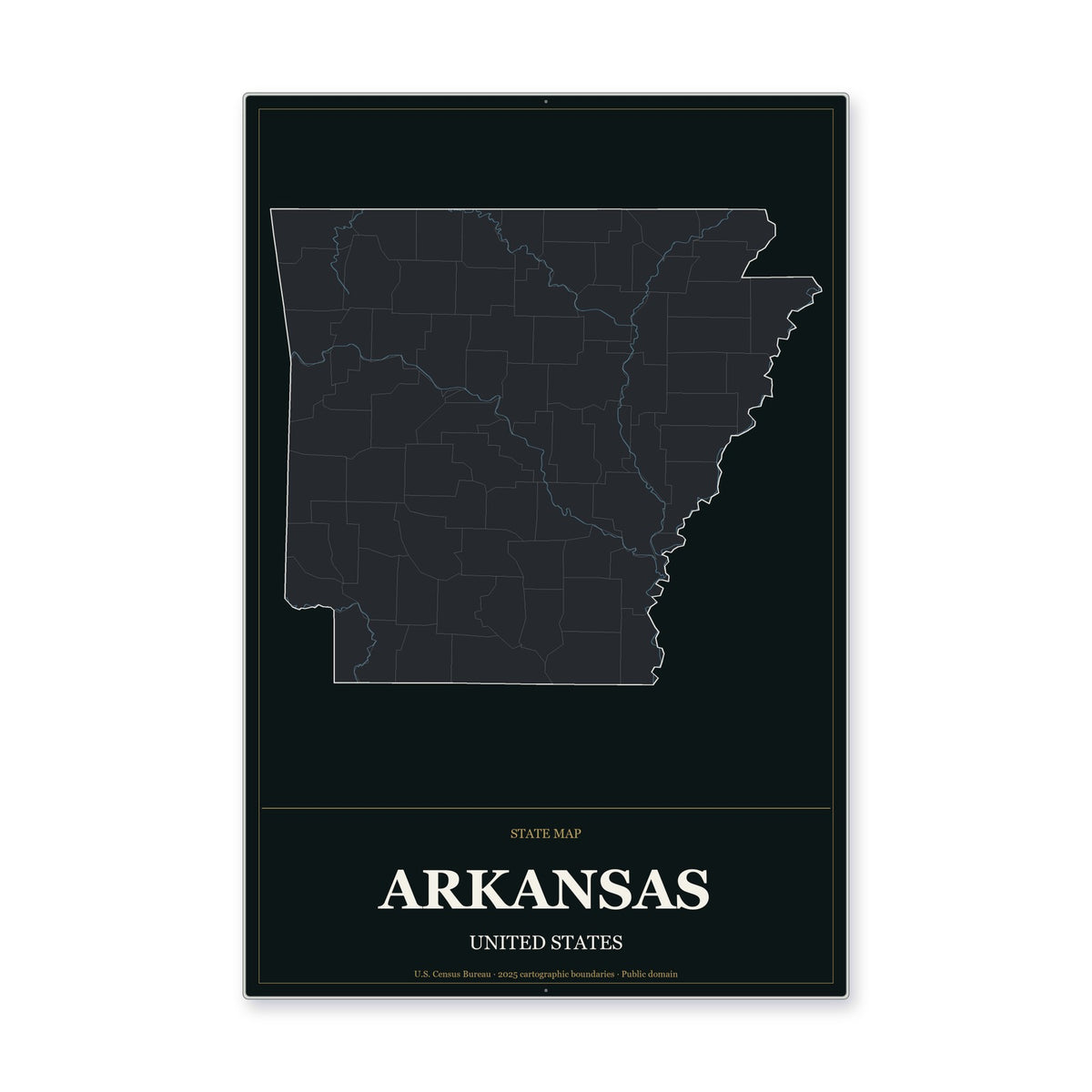 Arkansas state map aluminum sign in Metropolitan Noir style