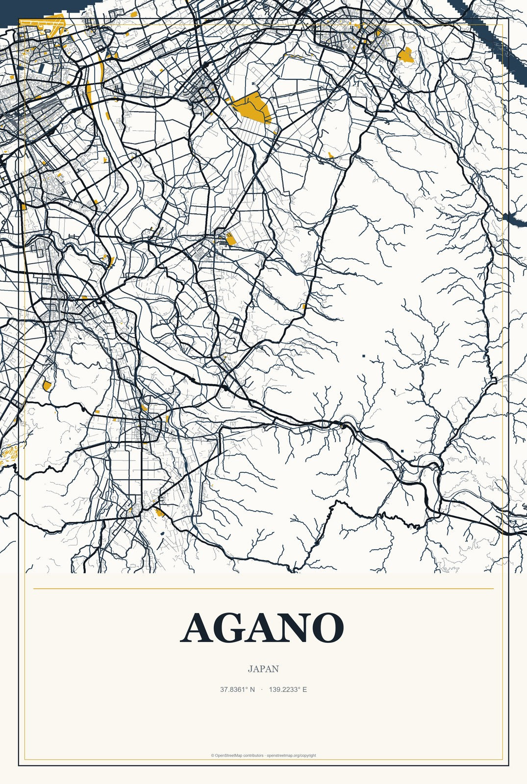 Agano, Japan City Map Aluminum Sign in Citrine Modern style