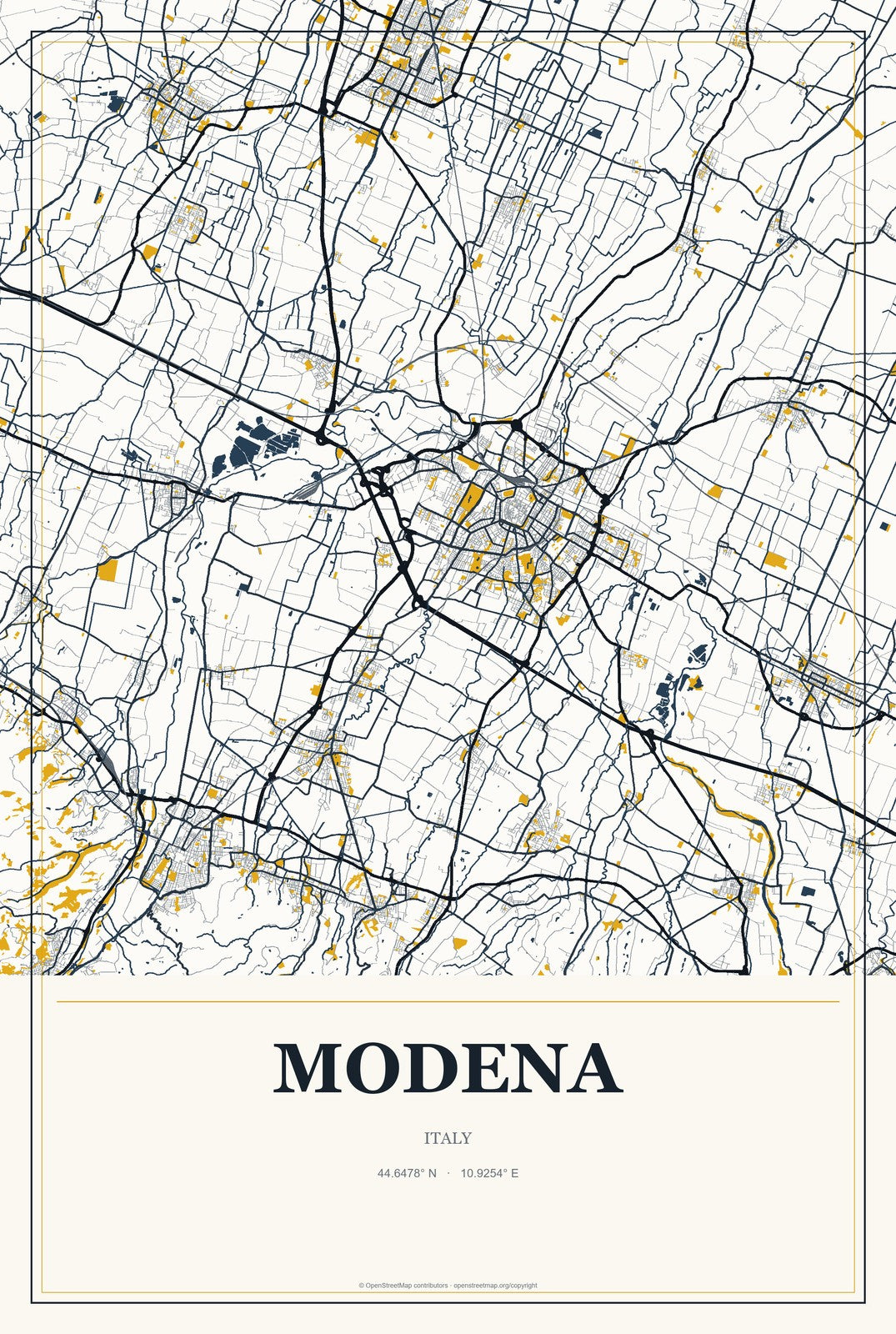 Modena, Italy City Map Aluminum Sign in Citrine Modern style