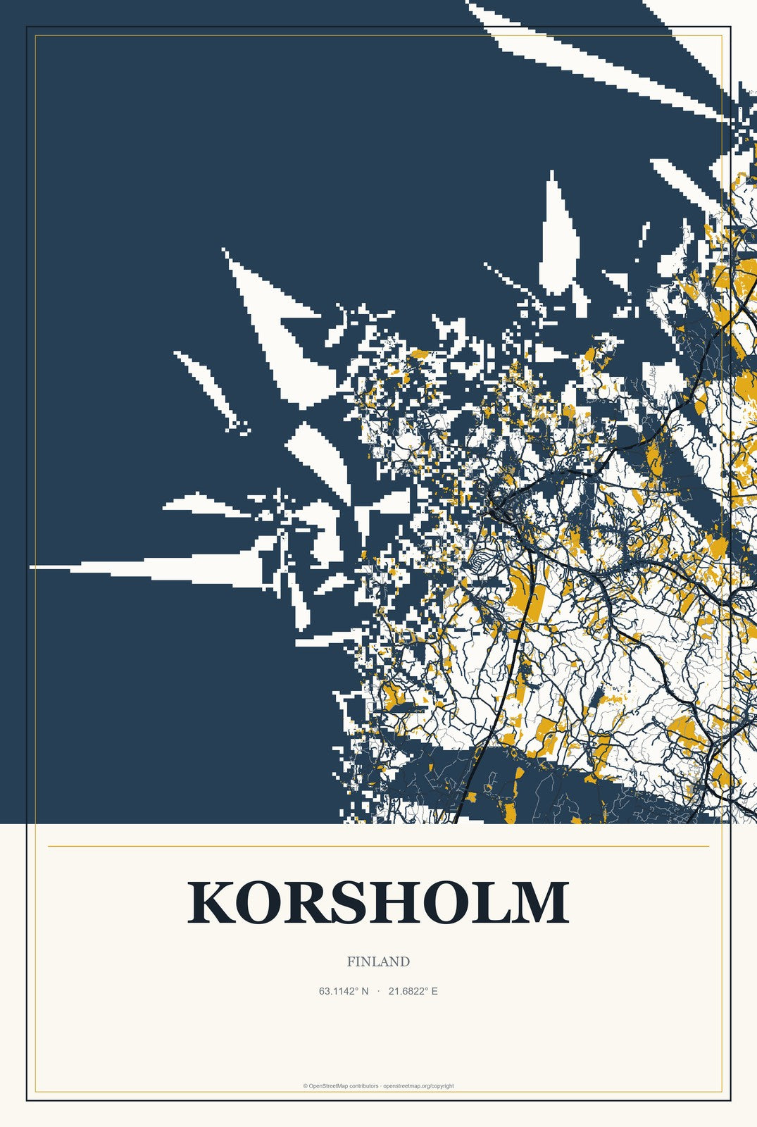 Korsholm, Finland City Map Aluminum Sign in Citrine Modern style