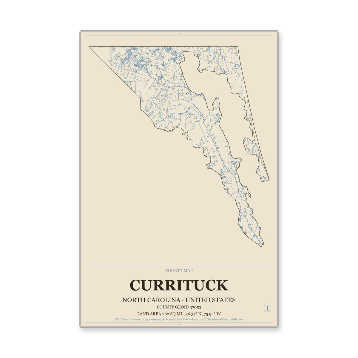 Currituck County, North Carolina Map Aluminum Sign in Heritage Nautical style
