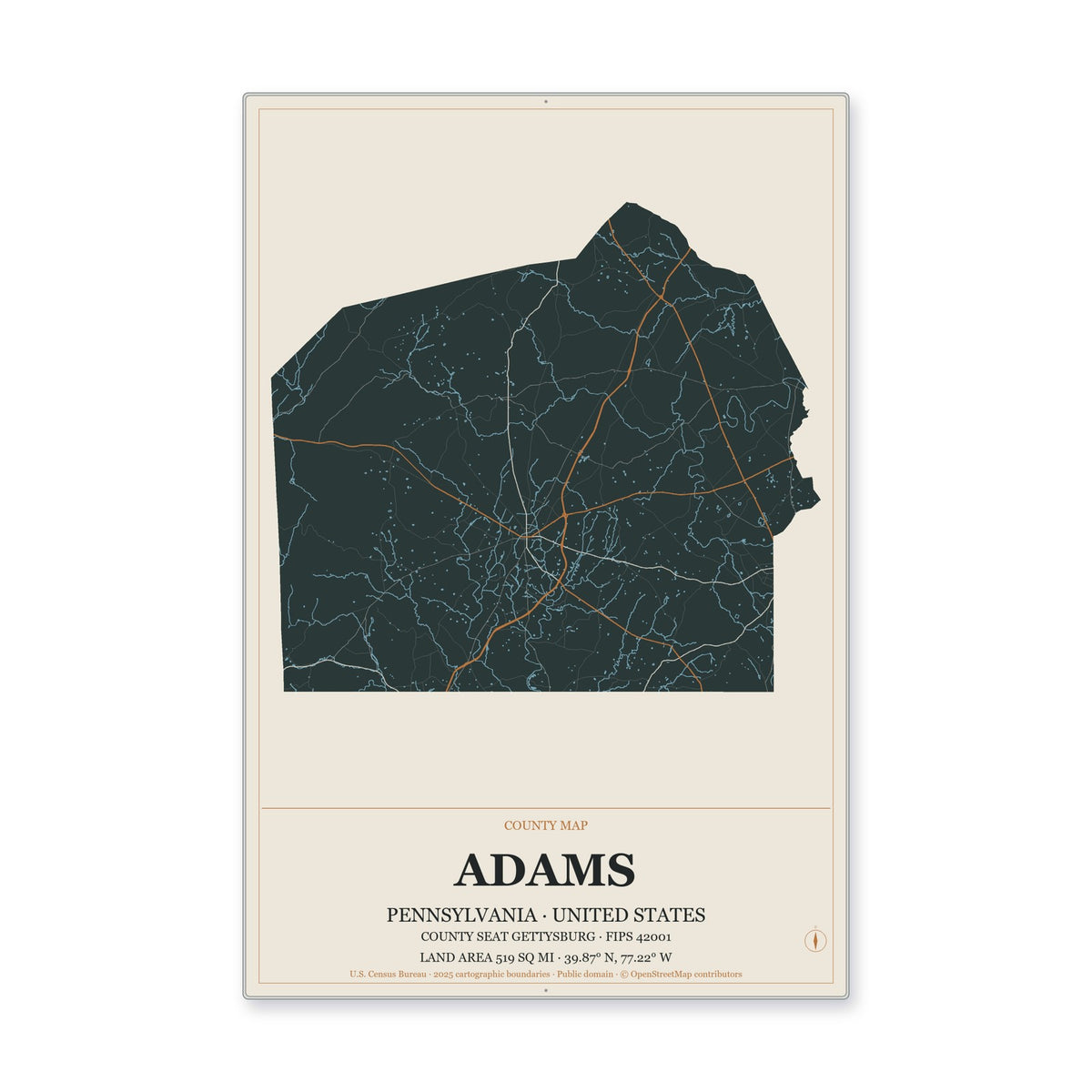 Adams County, Pennsylvania Map Aluminum Sign in Headline Atlas style