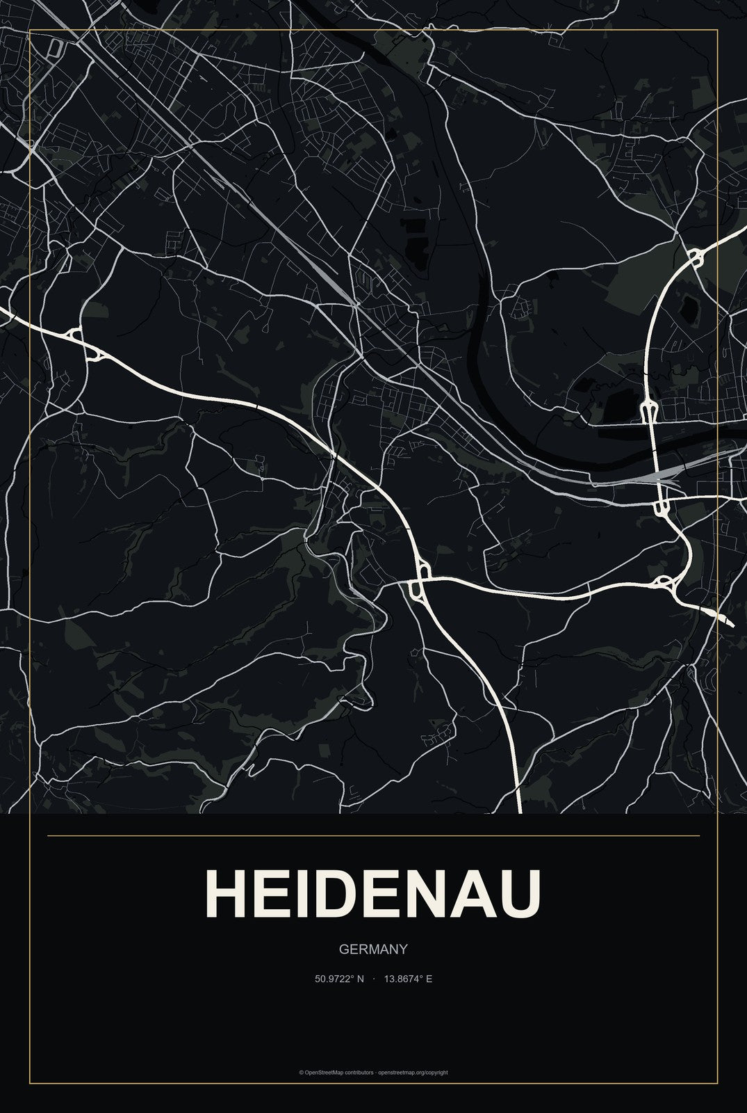 Heidenau, Germany City Map Aluminum Sign in Metropolitan Noir style