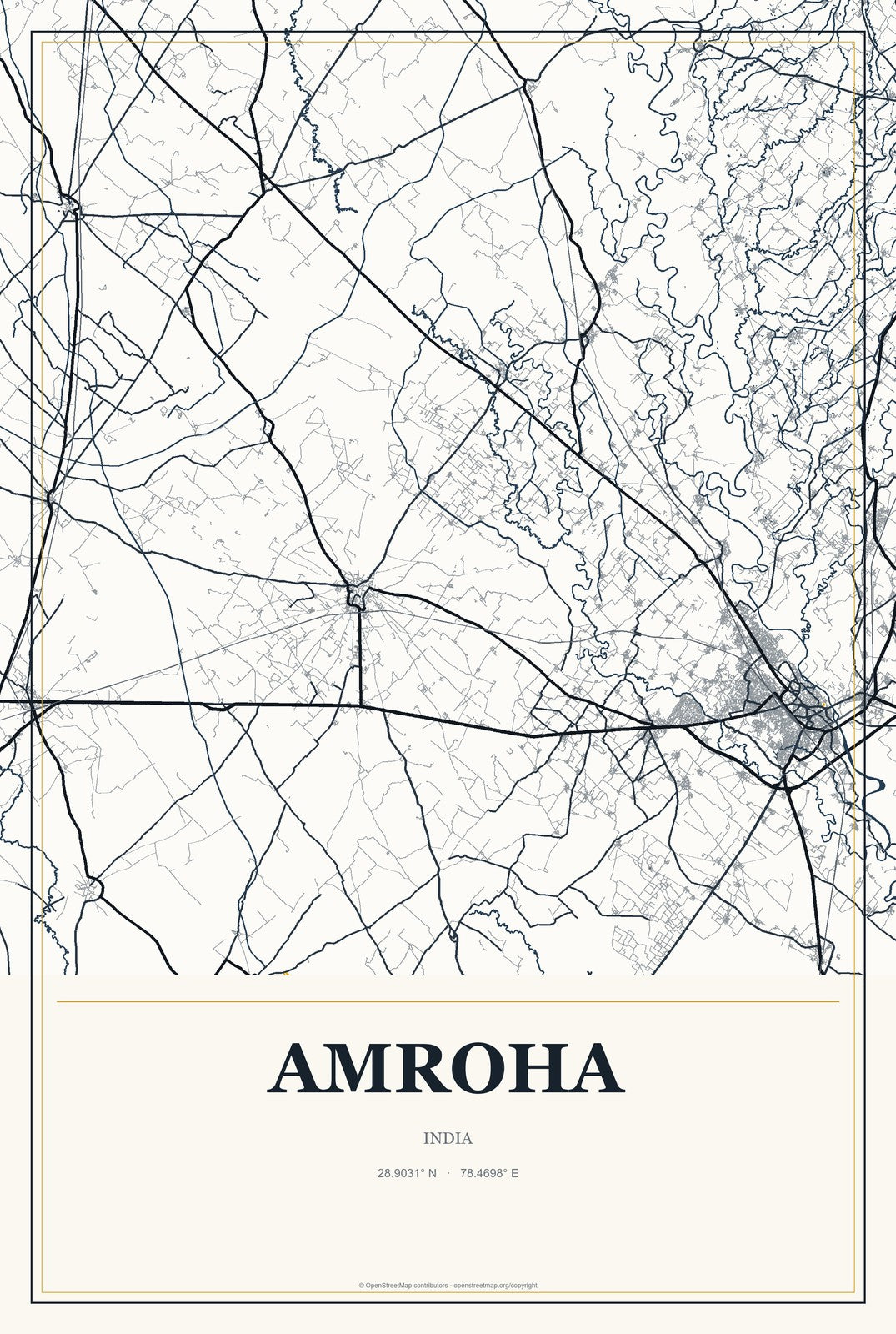 Amroha, India City Map Aluminum Sign in Citrine Modern style