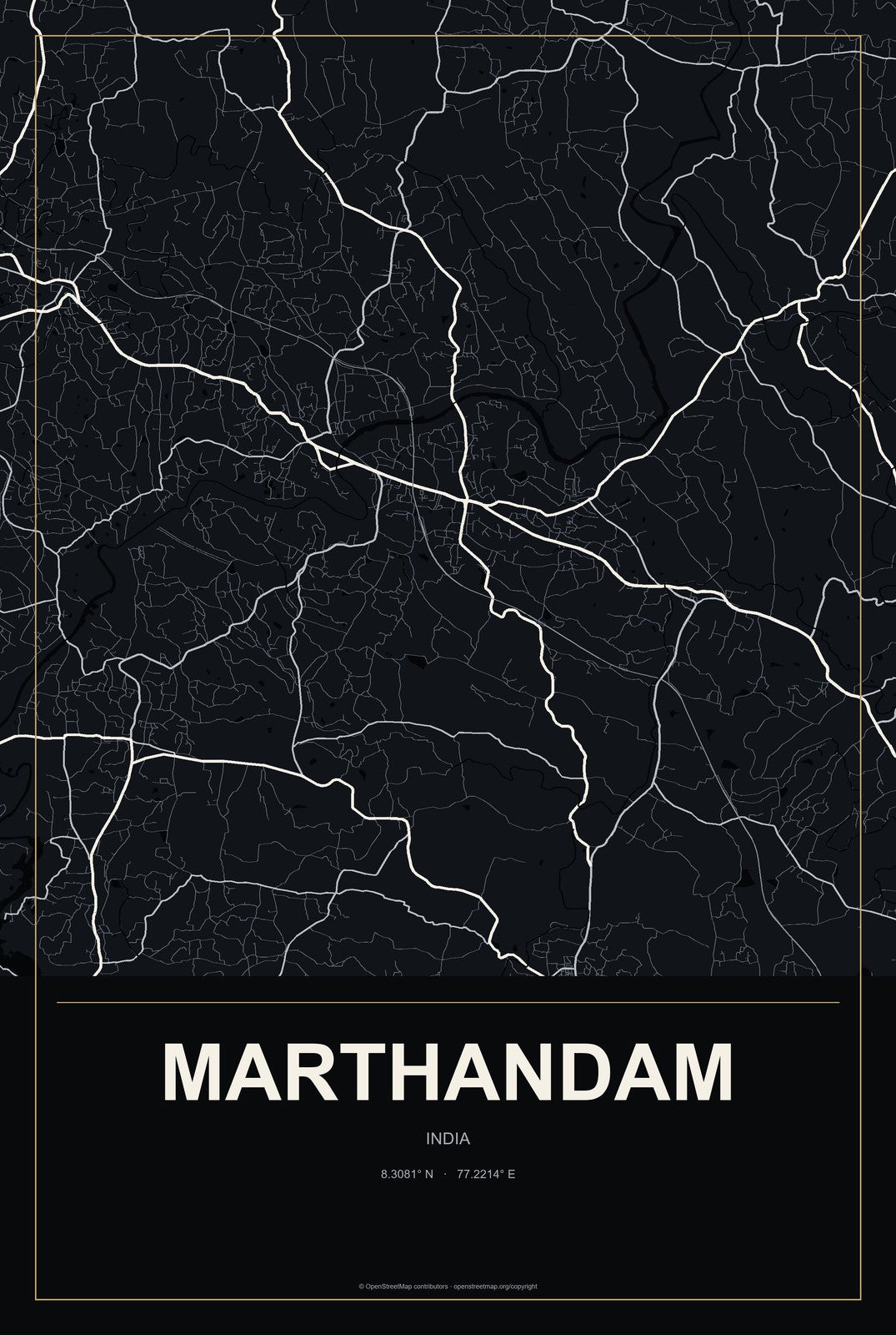 Marthandam, India City Map Aluminum Sign in Metropolitan Noir style