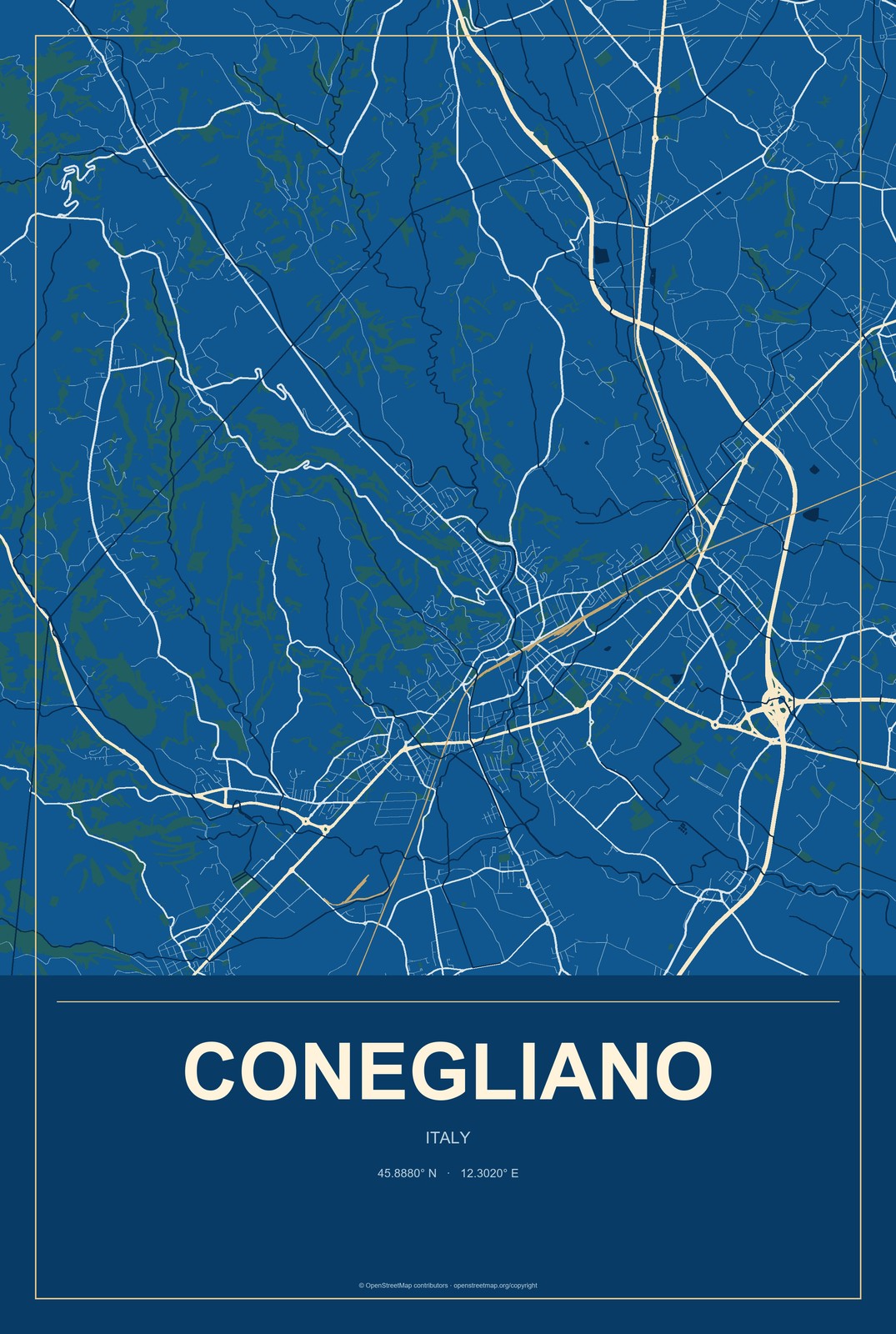 Conegliano, Italy City Map Aluminum Sign in Harbor Cobalt style