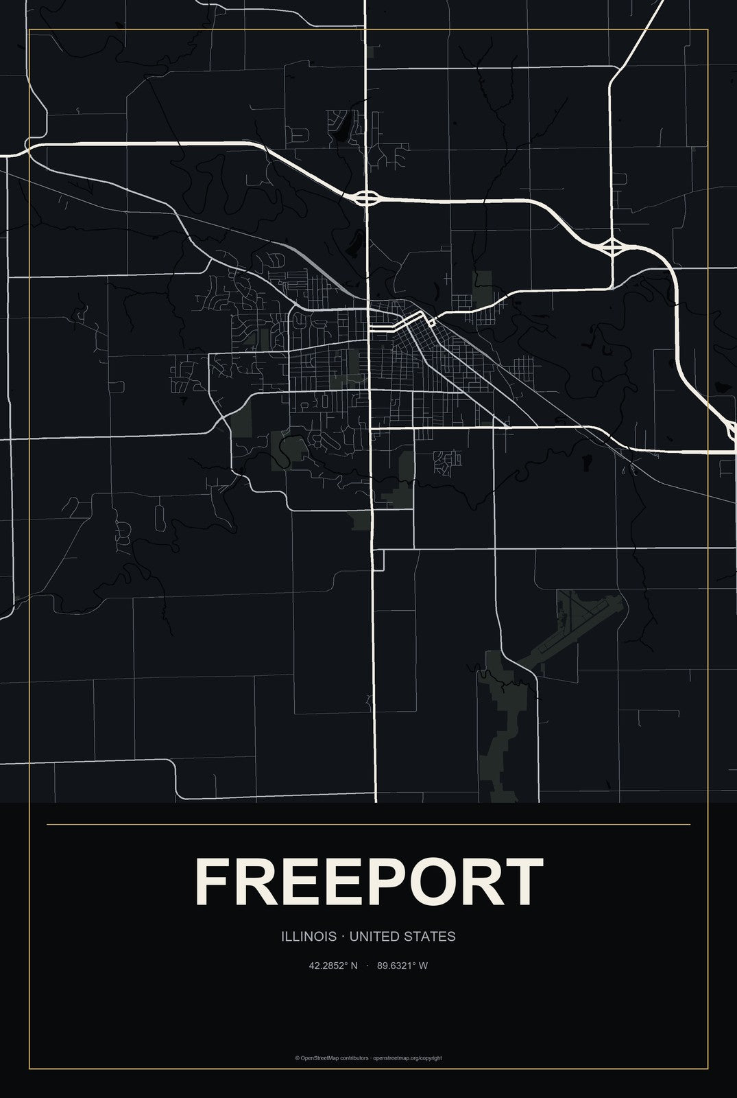 Freeport, Illinois City Map Aluminum Sign in Metropolitan Noir style
