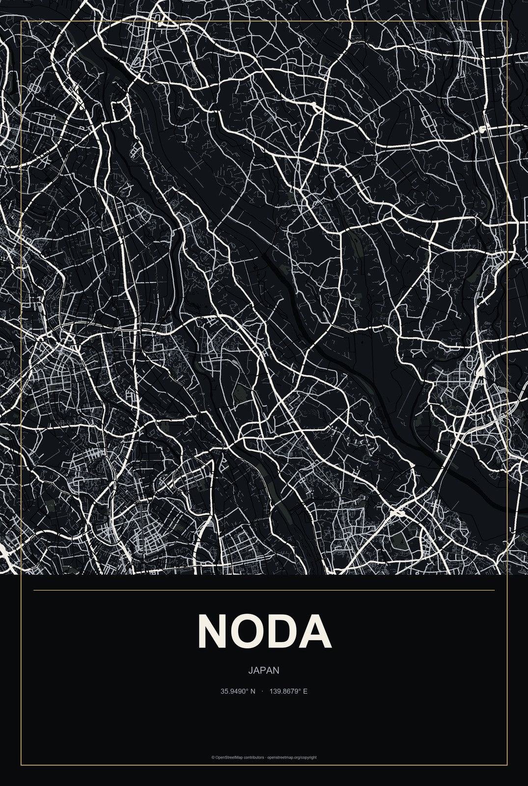 Noda, Japan City Map Aluminum Sign in Metropolitan Noir style