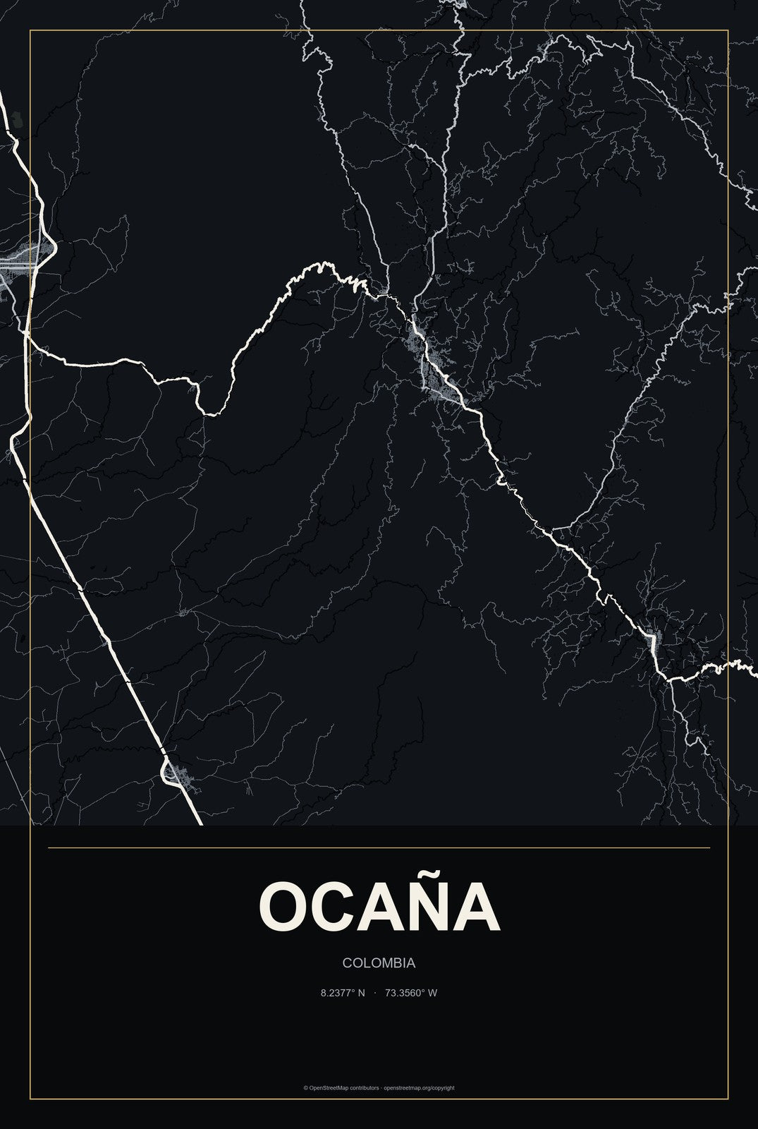 Ocaña, Colombia City Map Aluminum Sign in Metropolitan Noir style