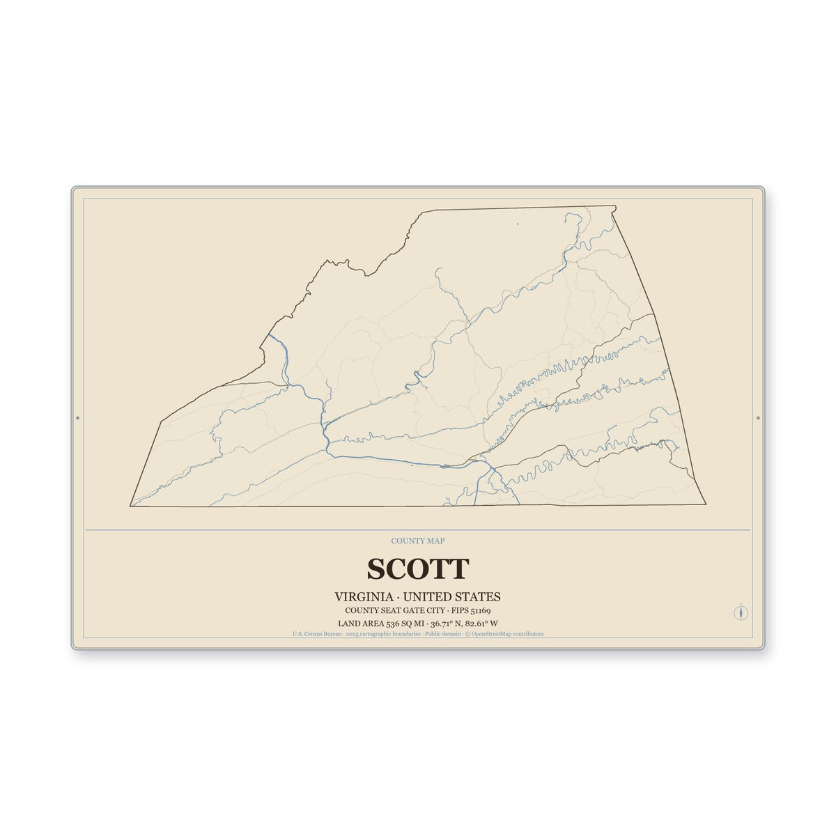 Scott County, Virginia Map Aluminum Sign in Heritage Nautical style