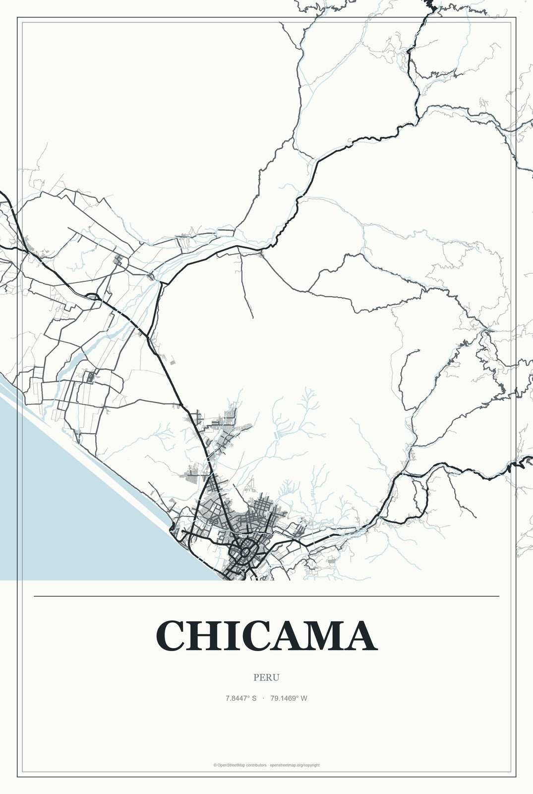 Chicama, Peru City Map Aluminum Sign in Gallery Air style