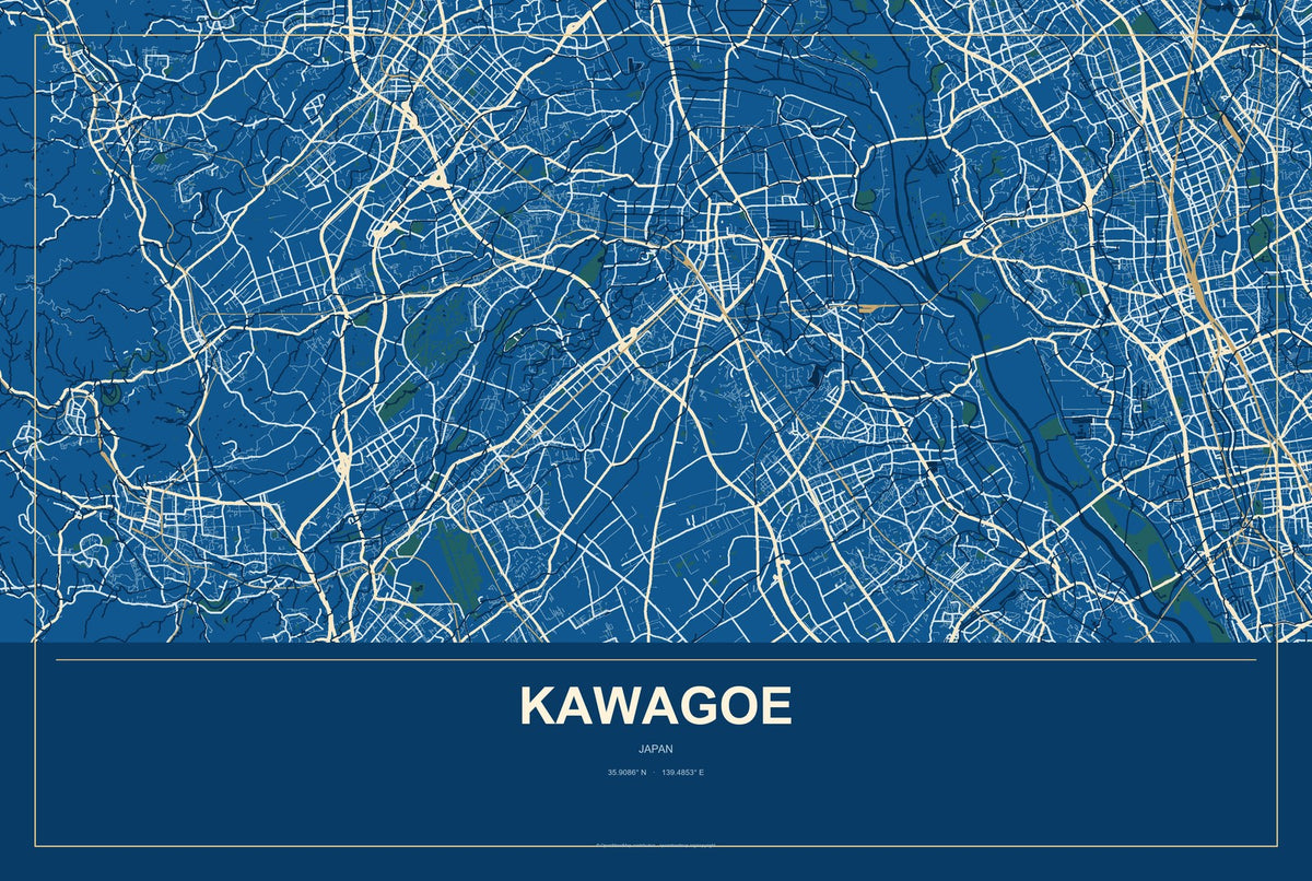 Kawagoe, Japan City Map Aluminum Sign in Harbor Cobalt style