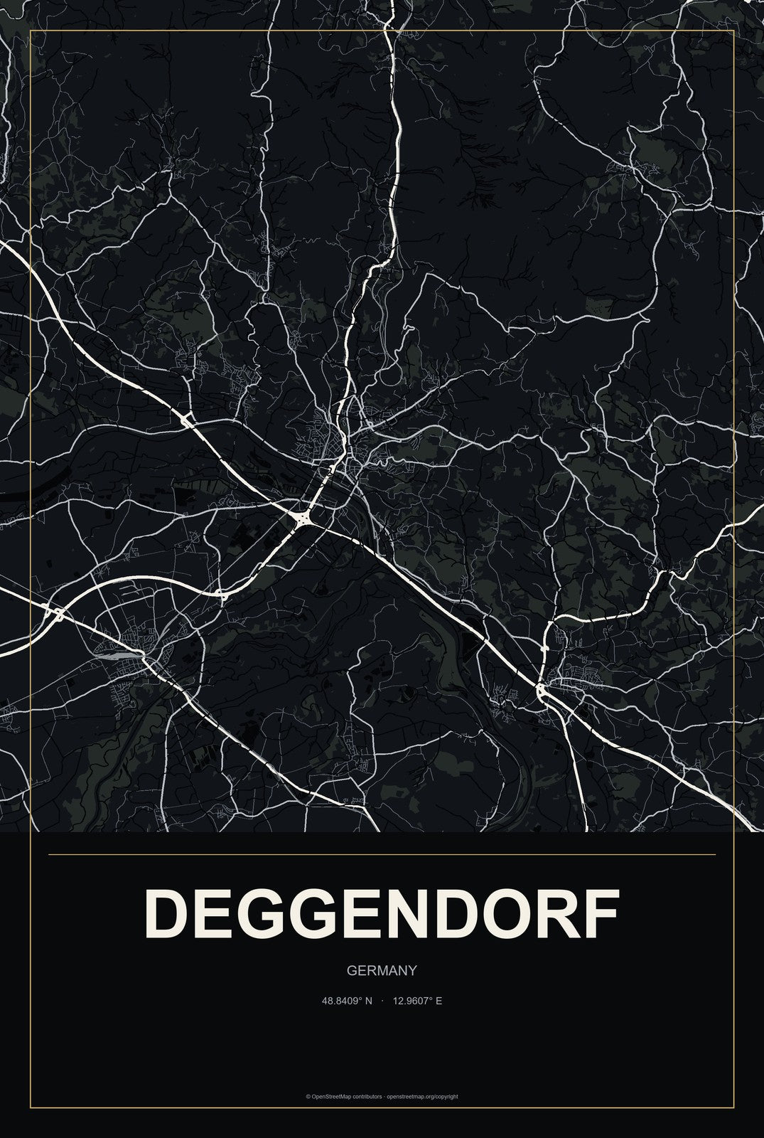 Deggendorf, Germany City Map Aluminum Sign in Metropolitan Noir style