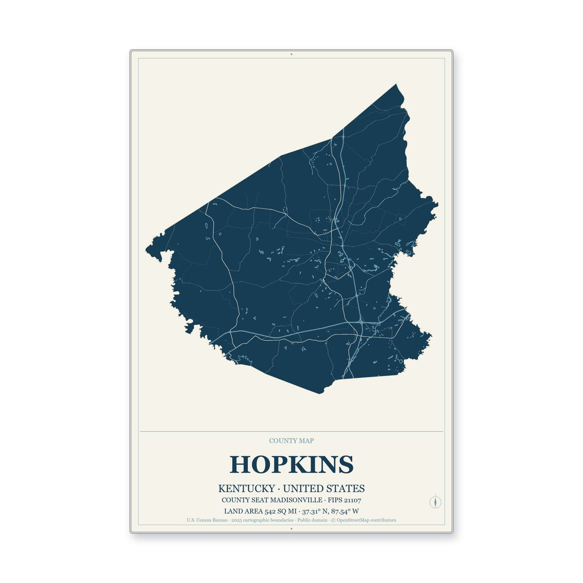 Hopkins County, Kentucky Map Aluminum Sign in Coastal Cutout style