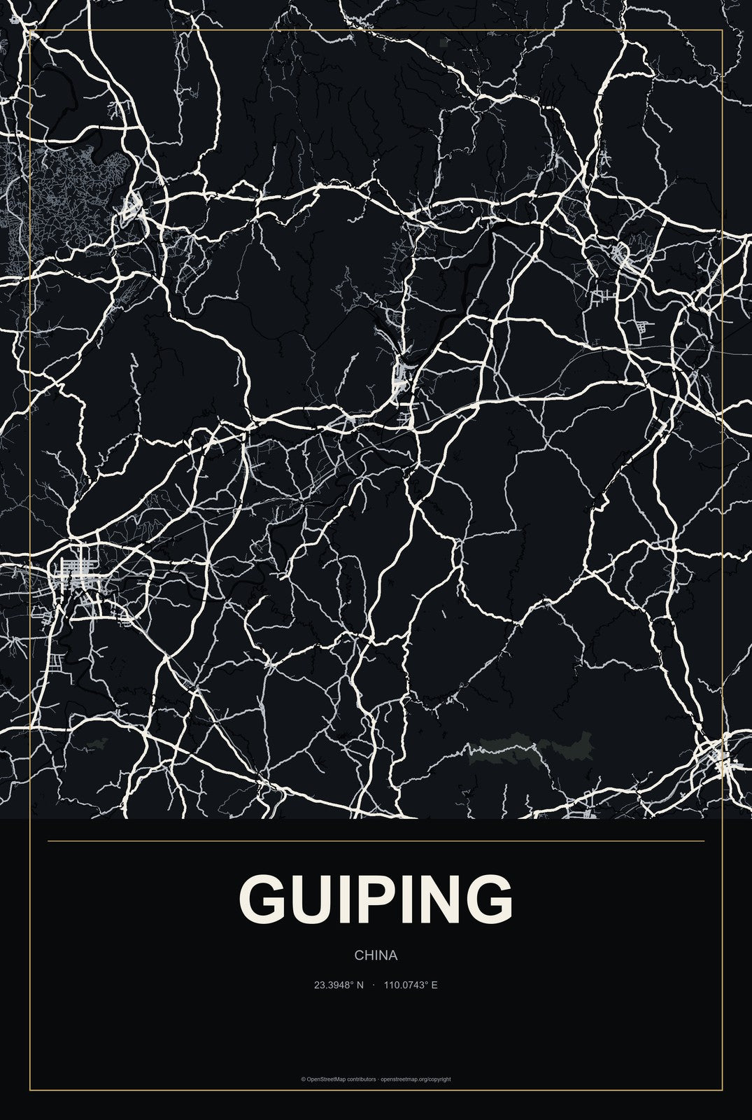 Guiping, China City Map Aluminum Sign in Metropolitan Noir style
