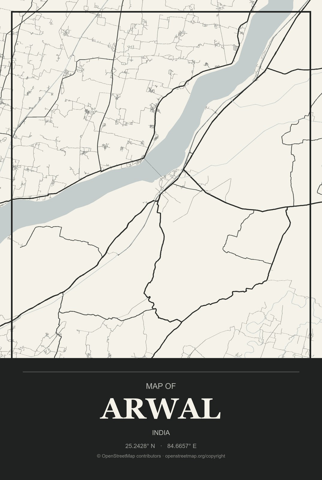 Arwal, India City Map Aluminum Sign in Museum Plaque style