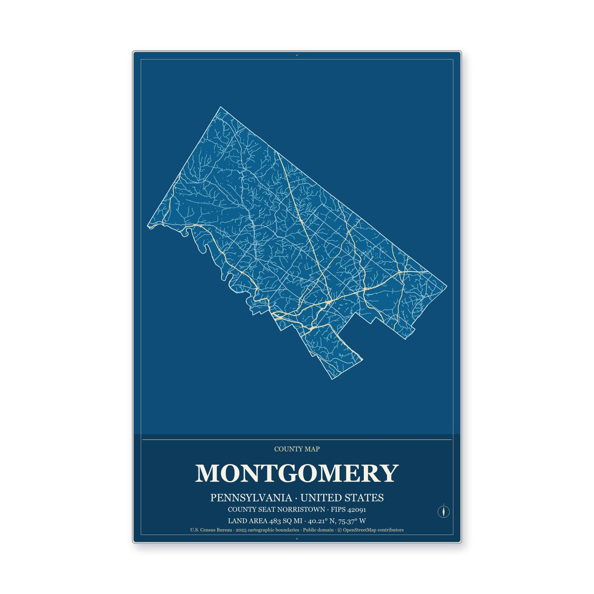 Montgomery County, Pennsylvania Map Aluminum Sign in Harbor Cobalt style