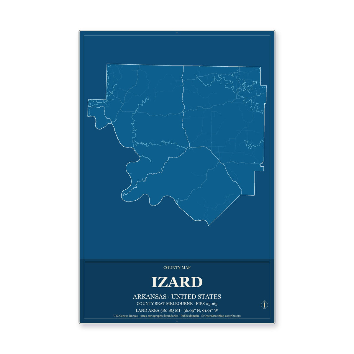 Izard County, Arkansas Map Aluminum Sign in Harbor Cobalt style