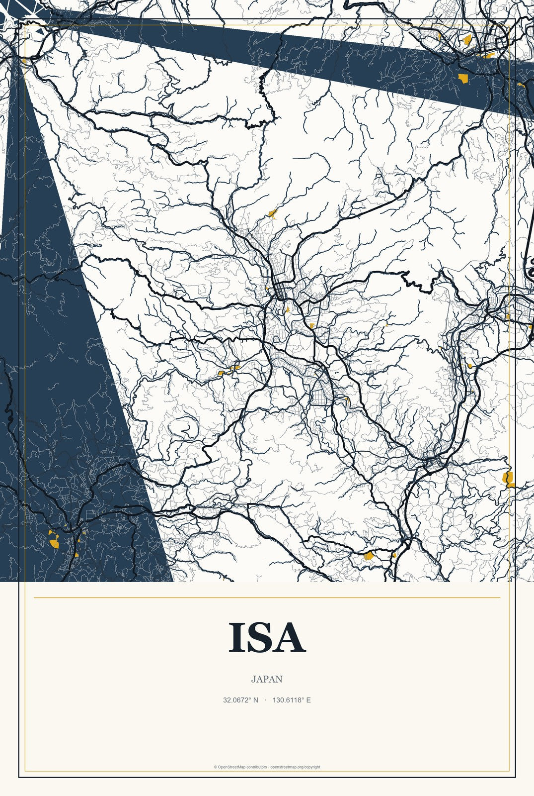 Isa, Japan City Map Aluminum Sign in Citrine Modern style