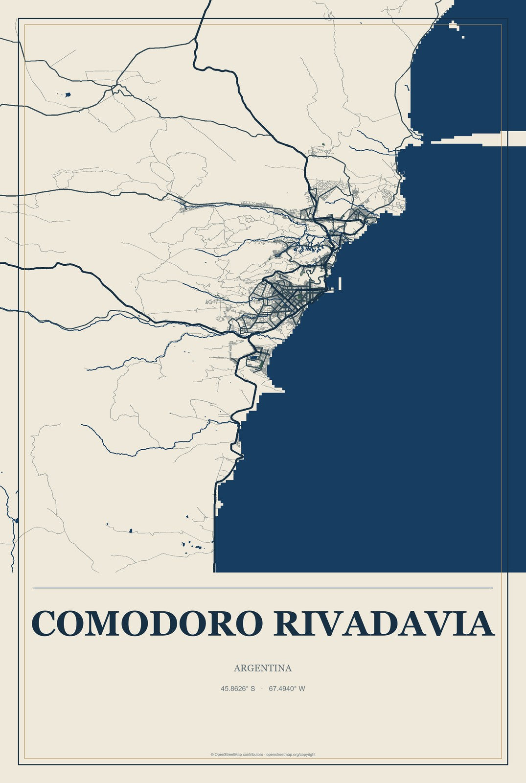Comodoro Rivadavia, Argentina City Map Aluminum Sign in Coastal Cutout style