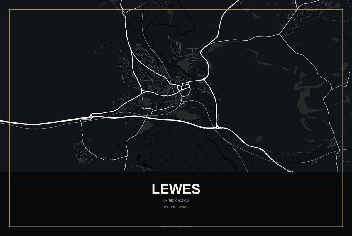 Lewes, United Kingdom City Map Aluminum Sign in Metropolitan Noir style