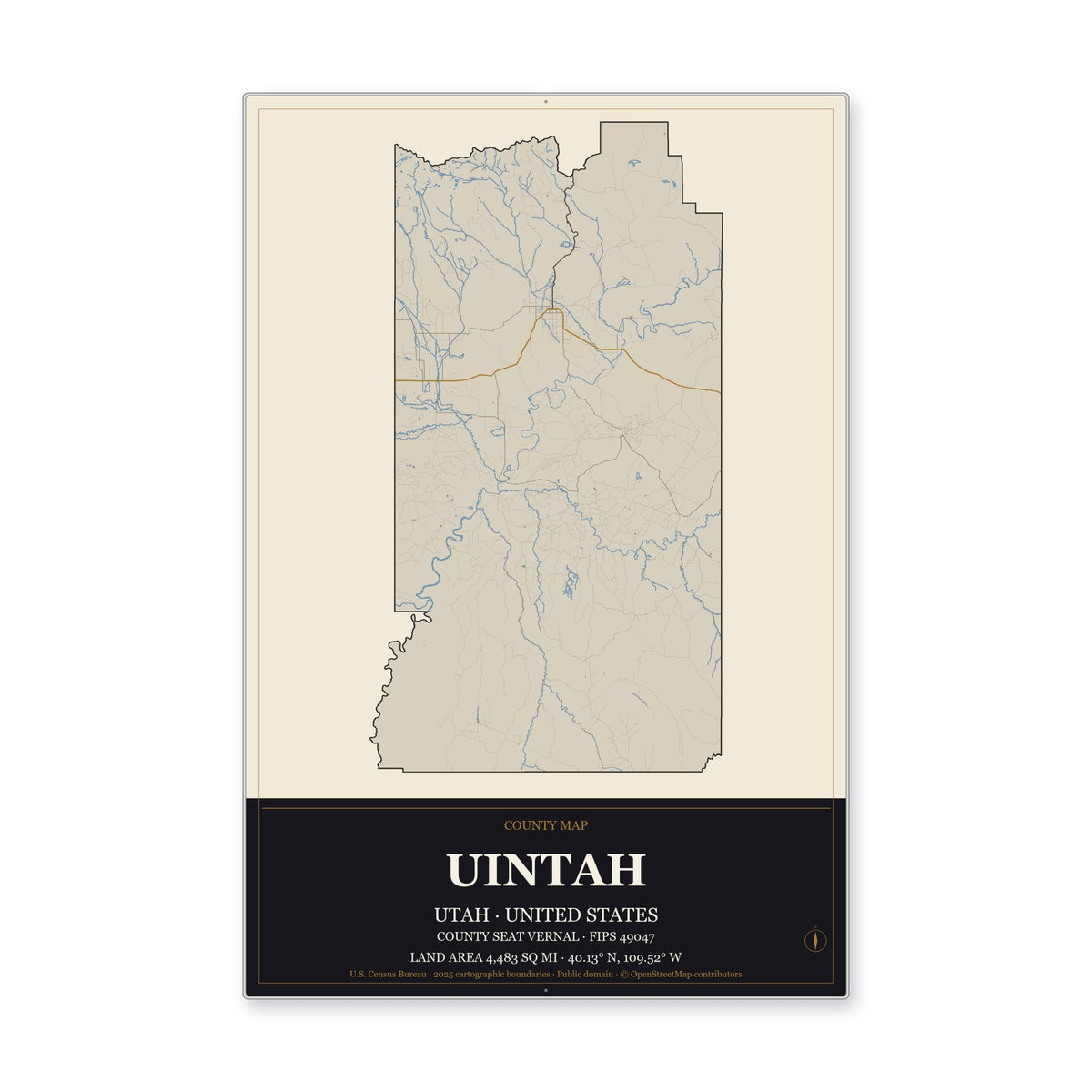 Uintah County, Utah Map Aluminum Sign in Museum Plaque style