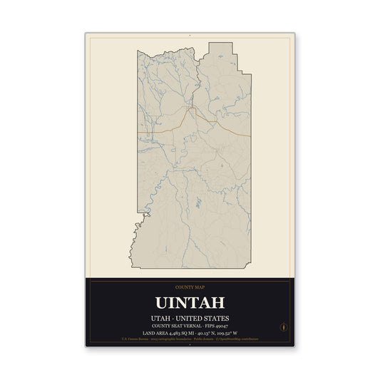 Uintah County, Utah Map Aluminum Sign in Museum Plaque style