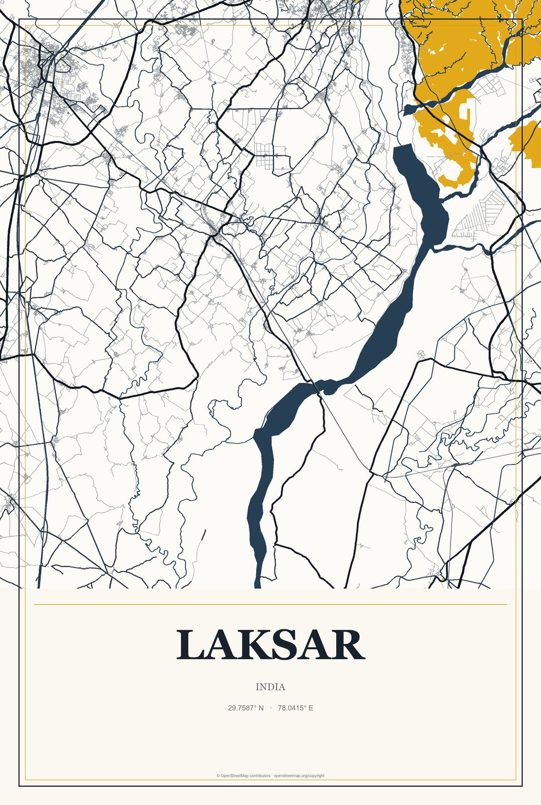 Laksar, India City Map Aluminum Sign in Citrine Modern style