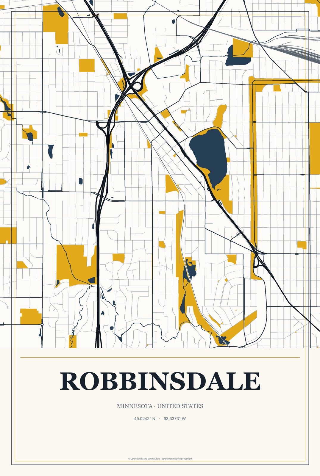 Robbinsdale, Minnesota City Map Aluminum Sign in Citrine Modern style