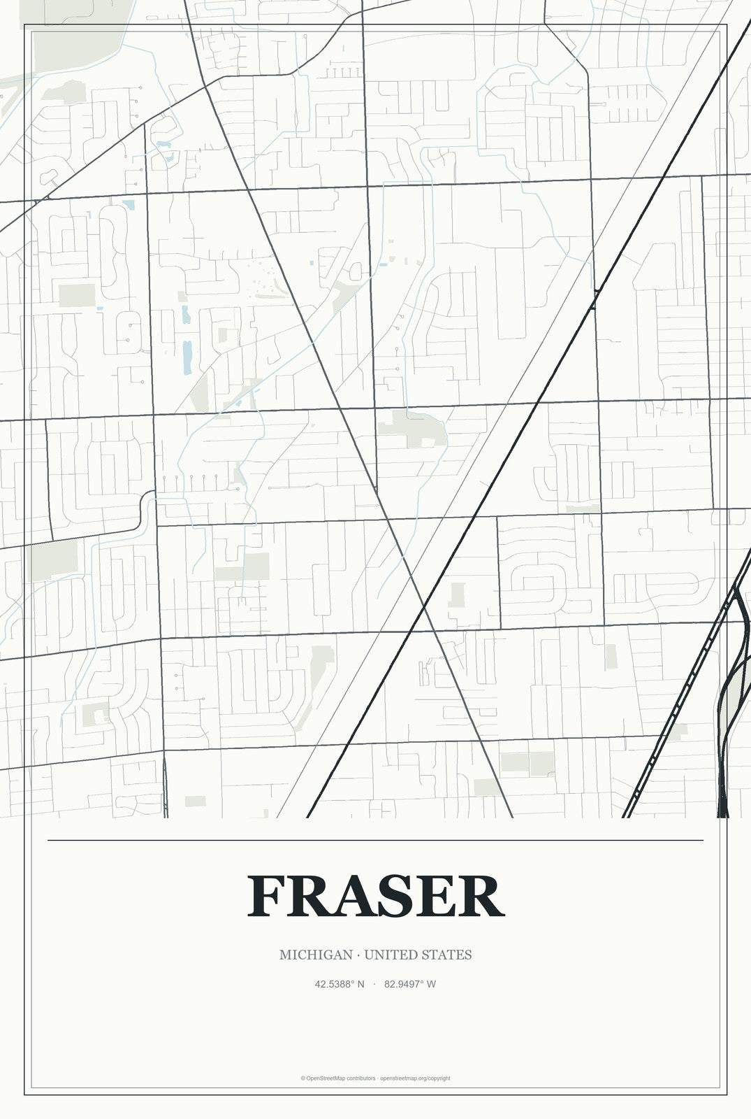 Fraser, Michigan City Map Aluminum Sign in Gallery Air style