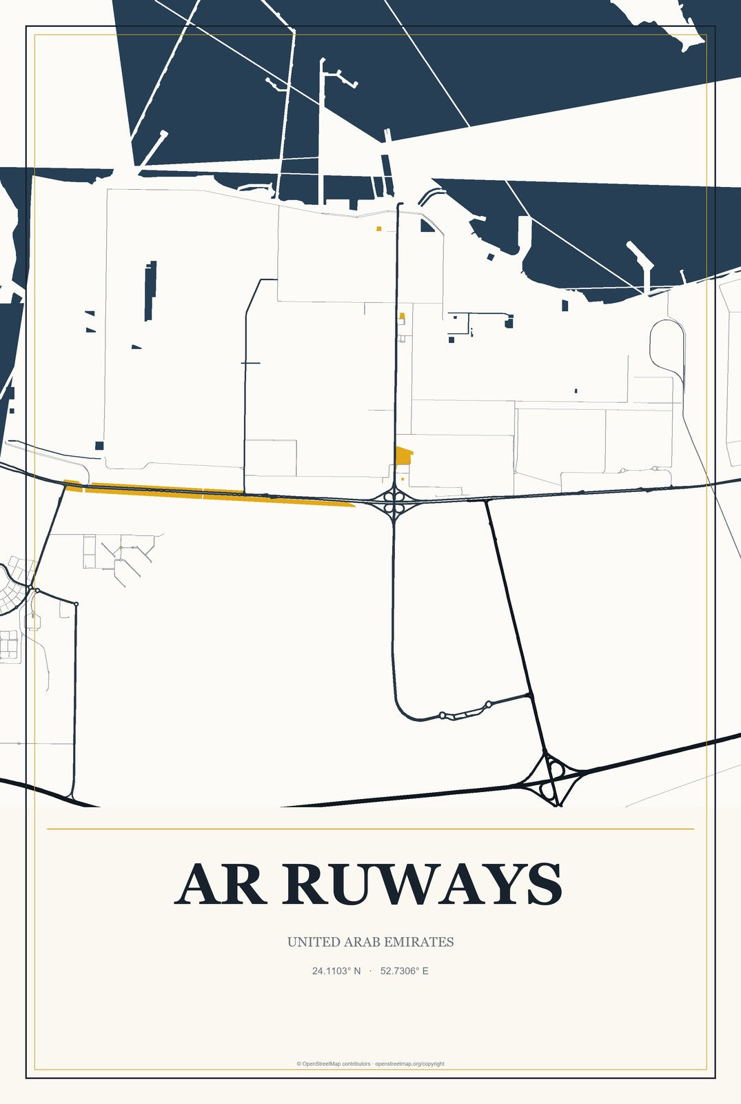 Ar Ruways, United Arab Emirates City Map Aluminum Sign in Citrine Modern style