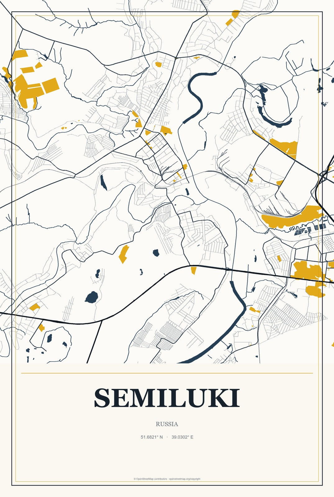 Semiluki, Russia City Map Aluminum Sign in Citrine Modern style