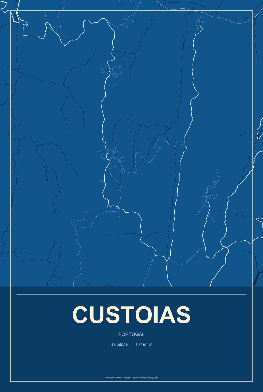 Custoias, Portugal City Map Aluminum Sign in Harbor Cobalt style