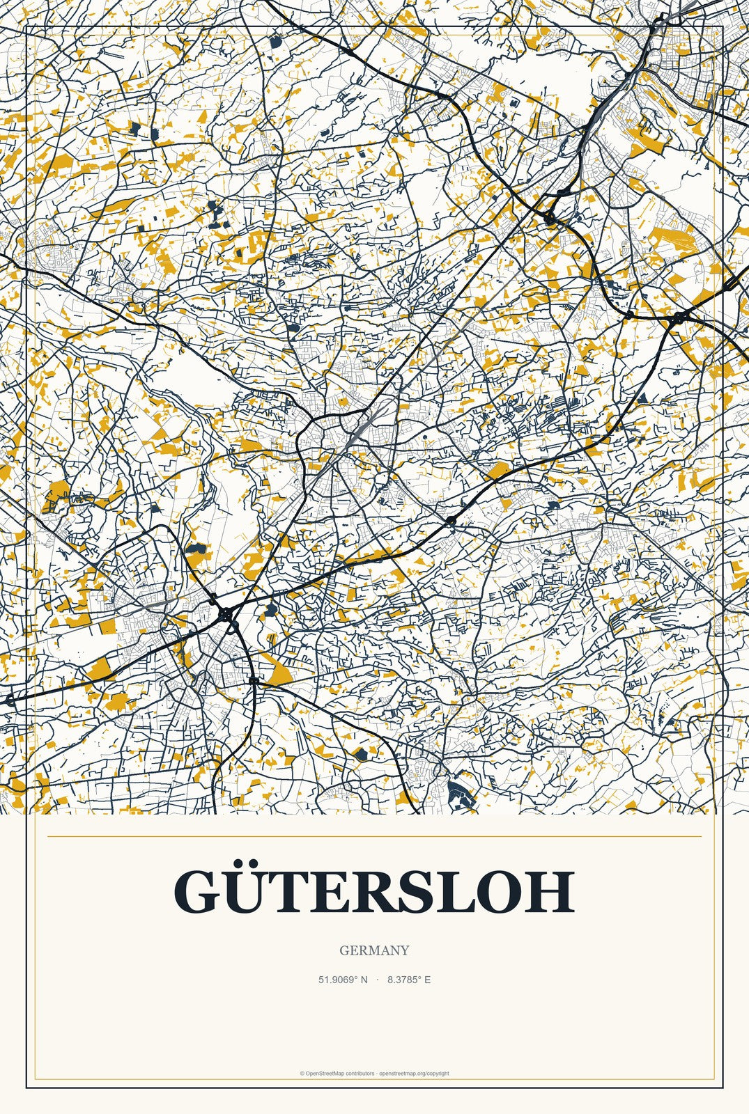 Gütersloh, Germany City Map Aluminum Sign in Citrine Modern style