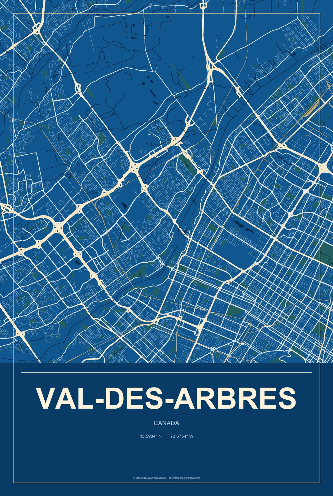 Val-des-Arbres, Canada City Map Aluminum Sign in Harbor Cobalt style