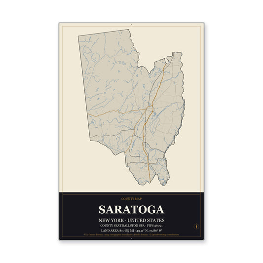 Saratoga County, New York Map Aluminum Sign in Museum Plaque style