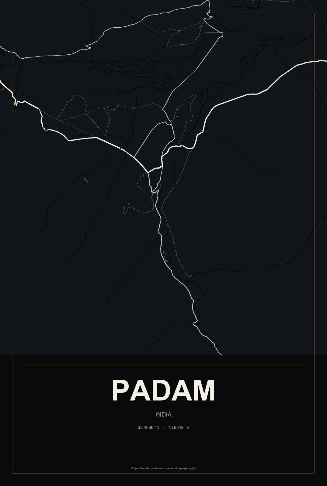 Padam, India City Map Aluminum Sign in Metropolitan Noir style