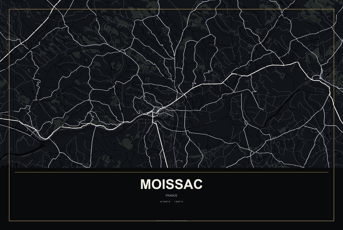 Moissac, France City Map Aluminum Sign in Metropolitan Noir style