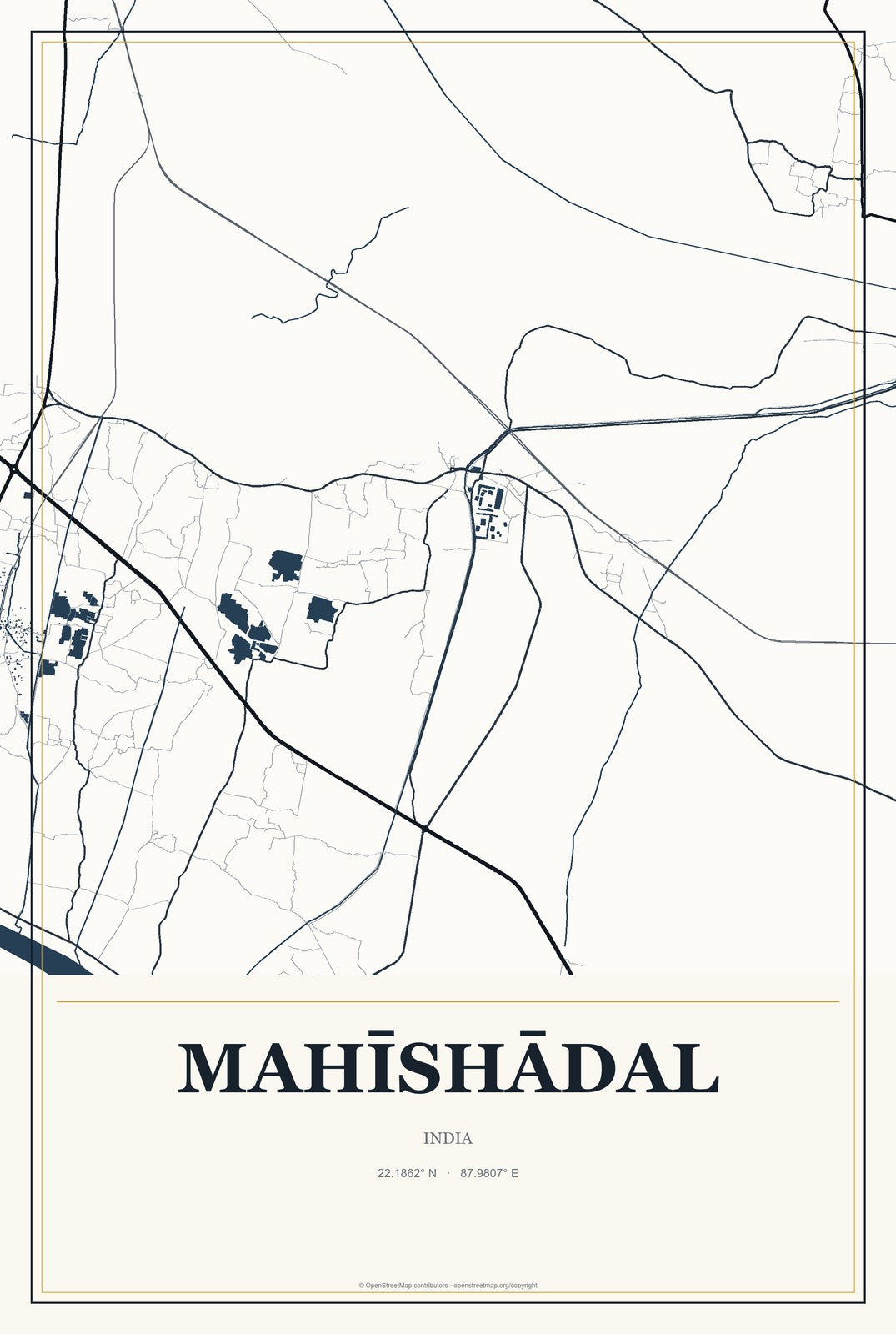 Mahīshādal, India City Map Aluminum Sign in Citrine Modern style