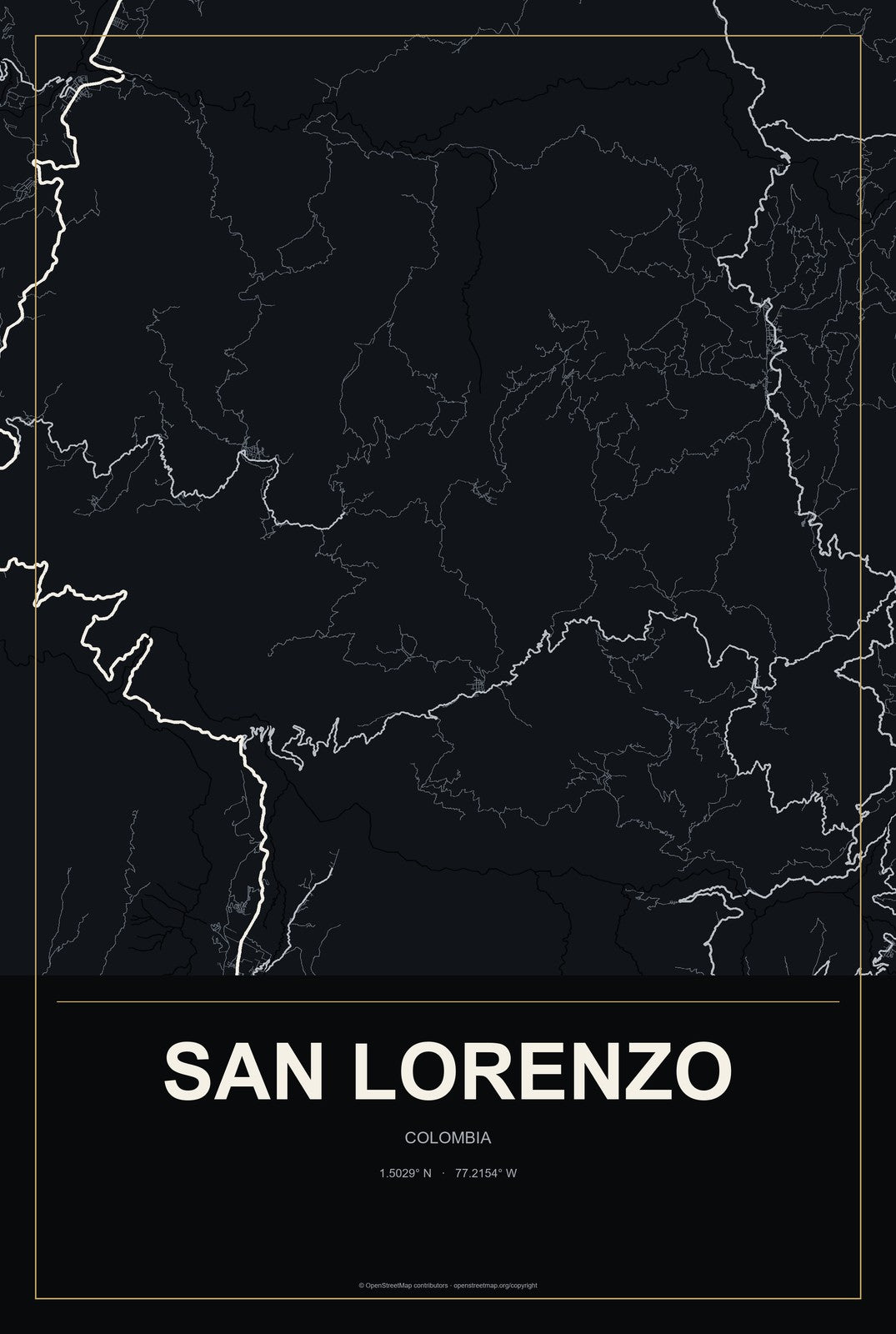 San Lorenzo, Colombia City Map Aluminum Sign in Metropolitan Noir style