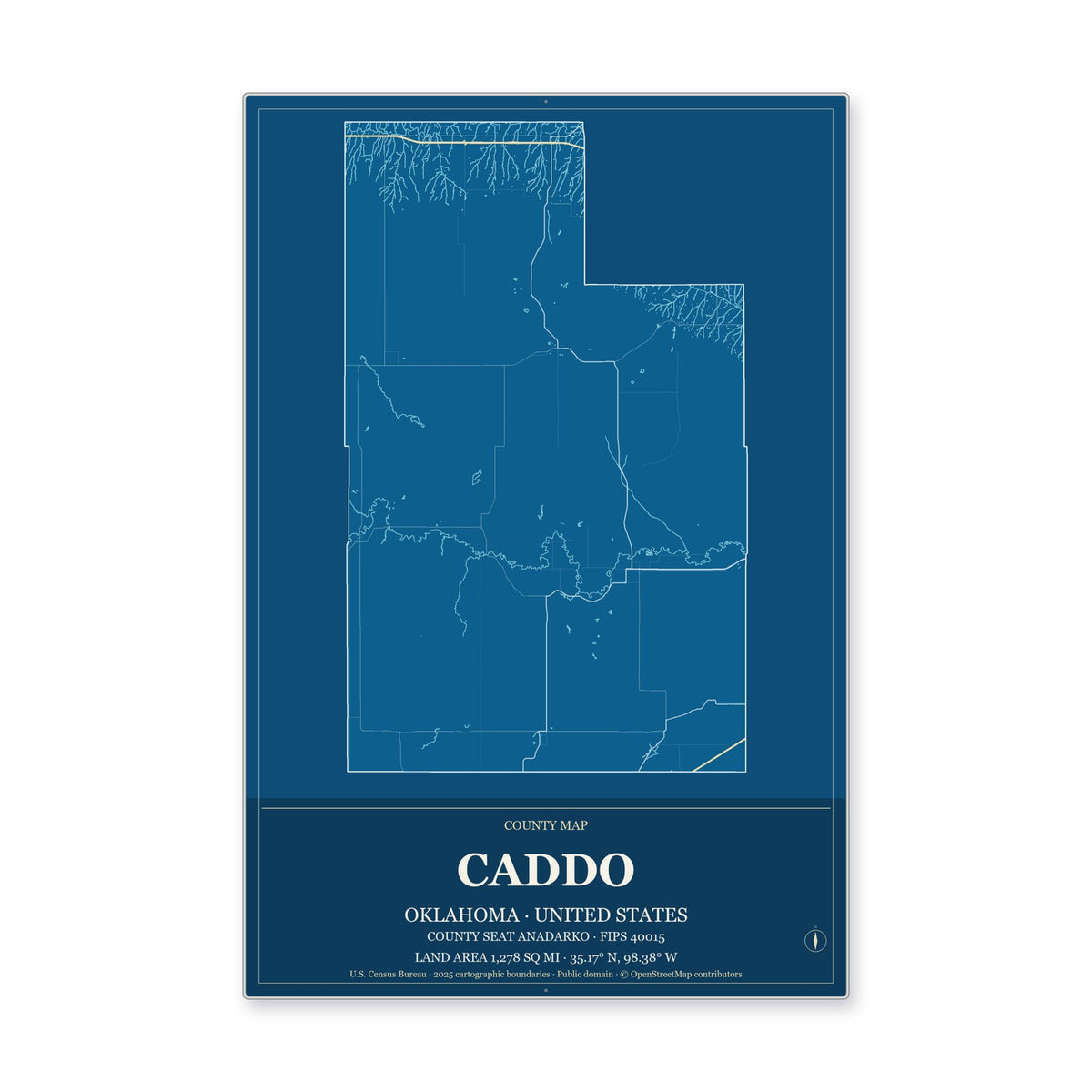 Caddo County, Oklahoma Map Aluminum Sign in Harbor Cobalt style
