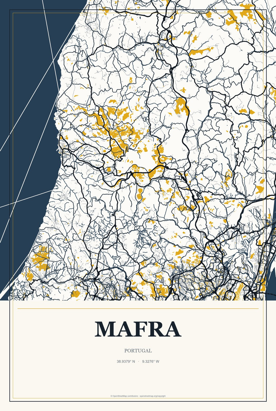 Mafra, Portugal City Map Aluminum Sign in Citrine Modern style